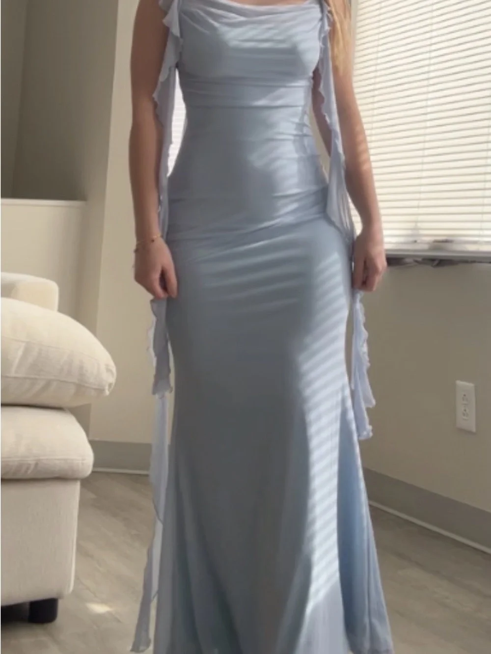 Light Blue Mesh Ruffle Hem Maxi Dress - Picture 2 of 3